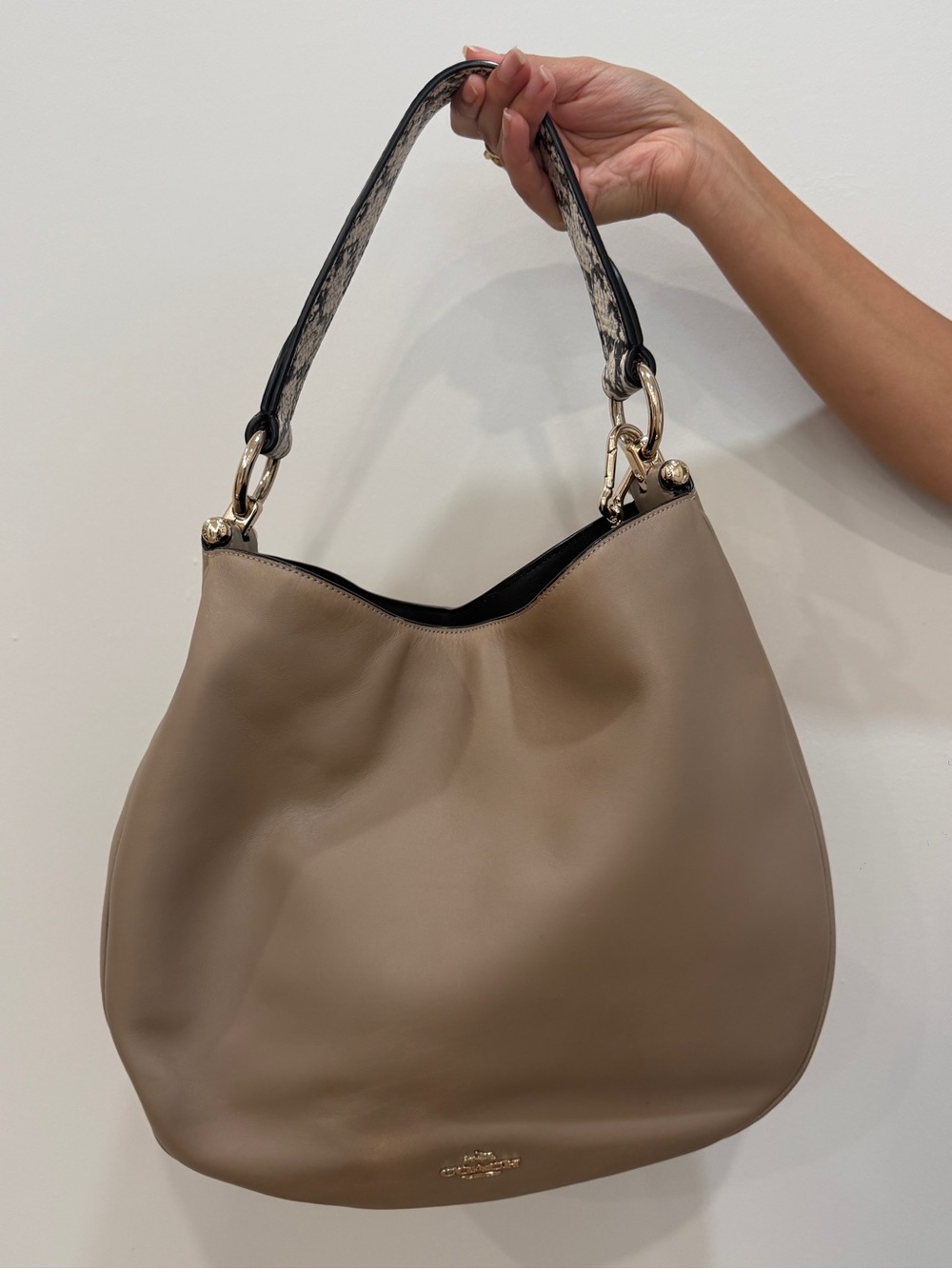 Coach Taupe Leather Hobo with Snake-Print Strap